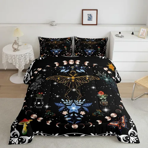 Miniatura 8 de Erosebridal Juego de ropa de cama de polilla blanca y negra para niños y niñas, juego de edredón de flores de diente de león, tamaño individual