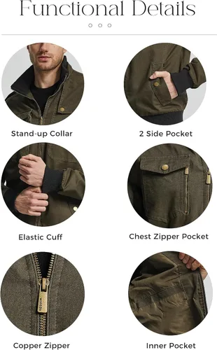 Miniatura 6 de Wantdo Chaqueta militar para hombre, chaqueta bomber casual, cuello alto, chaqueta de lona cortavientos