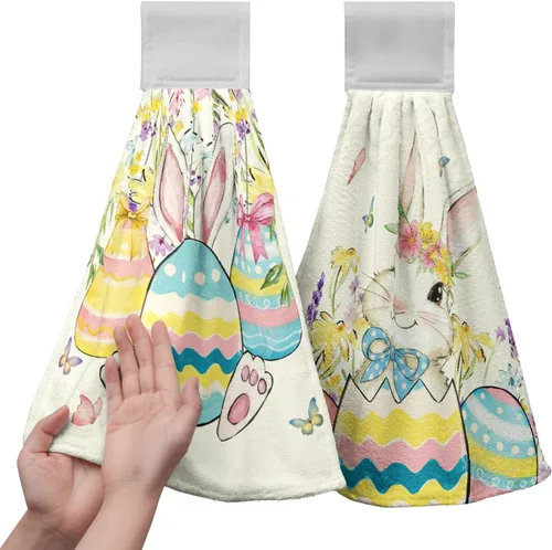 Miniatura 29 de Juego de 2 toallas de cocina colgantes de hojas tropicales de verano, color verde, hojas de palmera, con bucles para colgar, suaves y absorbentes