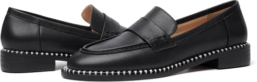 Miniatura 6 de FOGEENA Mocasines de cuero mate para mujer, estilo casual, sin cordones, punta redonda, tacón bajo grueso, zapatos de vestir de 1 pulgada