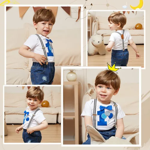 Miniatura 30 de Conjunto de ropa de cumpleaños para bebé niño pequeño, con tirantes, pantalones de mezclilla rasgados