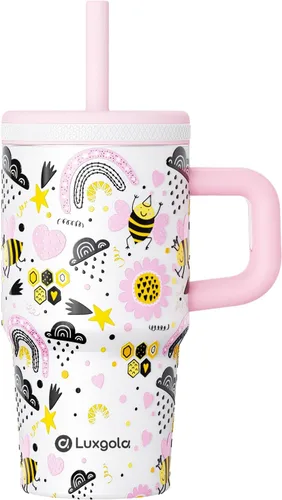 Taza infantil de 20 oz con asa, tapa de rosca a prueba de fugas con pajita de silicona extraíble, a prueba de derrames, botella de agua reutilizable