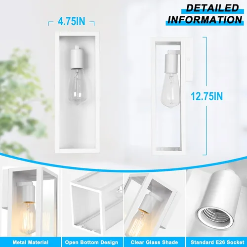 Miniatura 3 de VerRon Paquete de 2 faroles de pared para exteriores, apliques de pared impermeables para exteriores con pantallas de cristal, luces blancas