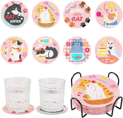 Miniatura 15 de FASHEWELRY 8 posavasos de arte de diamante con soporte para abejas, kit de posavasos de pintura de diamantes para bebidas, kits de arte de diamantes