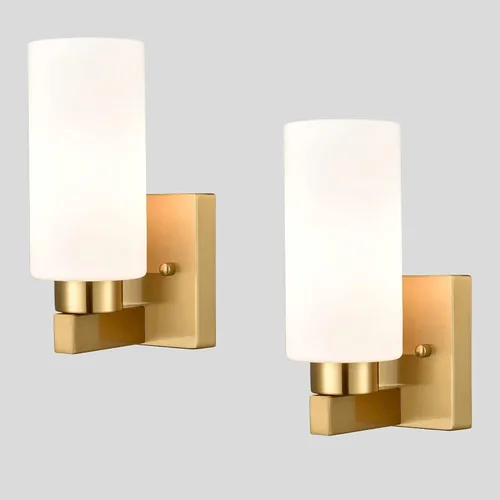 Miniatura 9 de DEYNITE Conjunto de dos apliques de pared modernos de níquel cepillado para baño con pantalla de vidrio cilíndrico blanco lechoso