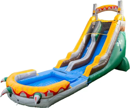 HeroKiddo Tobogán acuático inflable T-Rex de 18 pies con piscina desmontable y soplador, 29 pies de largo, vinilo de PVC 100% comercial, tobogán