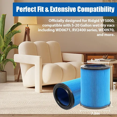 Miniatura 2 de Paquete de 1 filtro de repuesto VF5000 para aspiradora rígida de taller, filtro H11 lavable y reutilizable de 3 capas con QwikLock, se adapta a