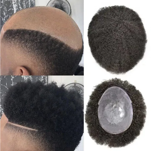 Miniatura 7 de Afro Toupee para hombres negros Unidad de cabello humano PU Ingección Afro sistema de reemplazo de cabello negro para hombres pieza de pelo Afro
