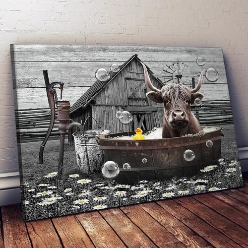Miniatura 6 de Divertido arte de pared de vaca de las tierras altas, imágenes de baño, decoración de granja, 12 x 16 pulgadas enmarcado