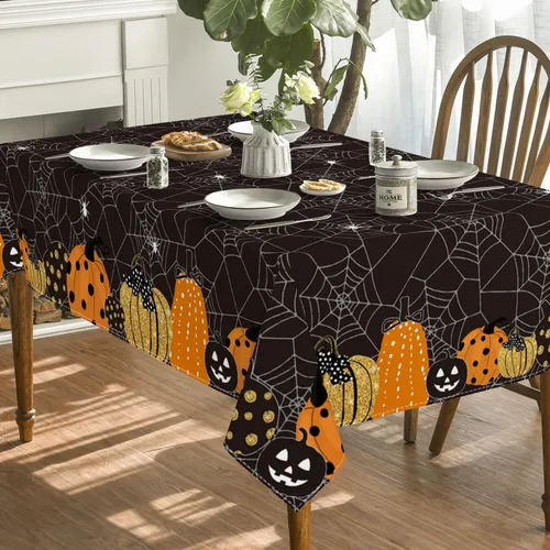 Miniatura 3 de Horaldaily Mantel rectangular de Halloween de 52 x 70 pulgadas, diseño de telaraña de calabaza con temática de miedo, color negro, lavable