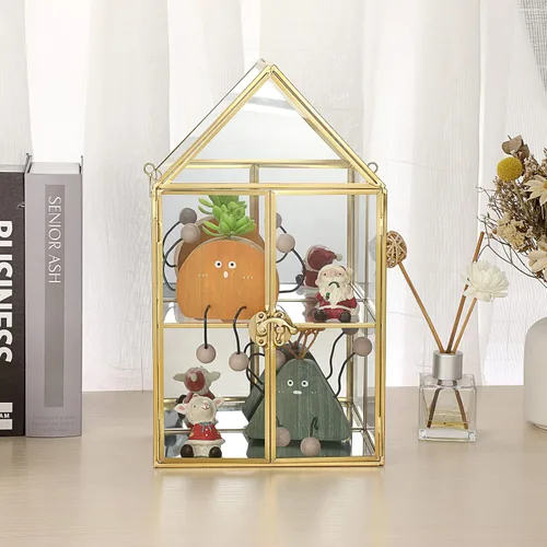 Miniatura 5 de ELLDOO Caja de almacenamiento de cristal transparente de 2 niveles, estuche organizador de maquillaje de joyería con espejo dorado, caja de torre