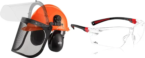 NoCry Casco de seguridad forestal industrial 6 en 1 y sistema de protección auditiva; lentes de seguridad naranja y transparente para hombres y