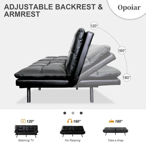 Miniatura 5 de Opoiar Sofá cama tipo futón de cuero negro convertible con espuma viscoelástica, juego de futón plegable y moderno para estudio, Drom, apartamento