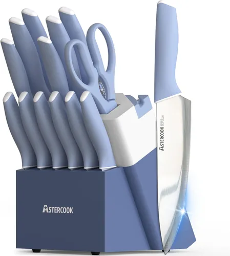 Astercook - Juego de cuchillos de cocina con bloque y afilador de 15 piezas. Cuchillos alemanes de acero inoxidable de alta carbono con Azul