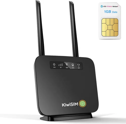 KiwiSIM Enrutador WiFi portátil 4G LTE, puertos WAN y LAN, tarjeta de datos de 1 GB, punto de acceso móvil WiFi de 300 Mbps, compatible con