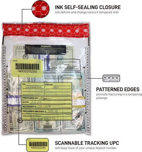 Miniatura 3 de Nadex Bolsas de depósito bancario a prueba de manipulaciones de 9 x 12 pulgadas con FRAUDSTOPPER - 4 indicadores de seguridad de manipulación