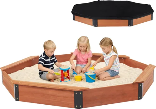 Caja de arena octágono de madera de 85 x 78 x 9 pulgadas con tapa, arenero grande para niños, patio al aire libre, patio trasero, fácil y rápido