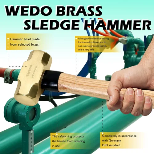 Miniatura 5 de WEDO Juego de martillos de trineo de latón de 2 piezas, 3 lb+5 libras, mango de madera, forjado a presión, resistente a la corrosión, estándar DIN