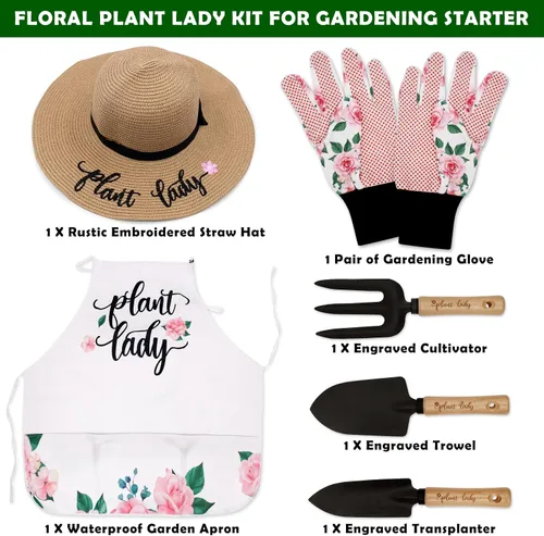 Miniatura 3 de Percozzi Plant Lady - Herramienta de jardinería para mamá, kit de herramientas de jardinería, sombrero de paja, delantal floral, guante para su