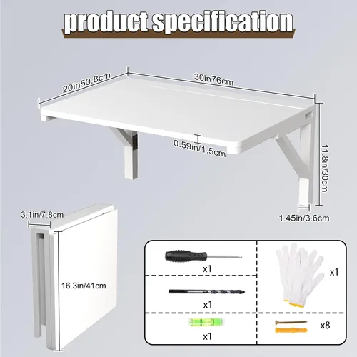 Miniatura 3 de MM MELISEN Mesa plegable montada en la pared, 29.5 pulgadas de largo x 19.6 pulgadas de ancho, blanco, diseño que ahorra espacio