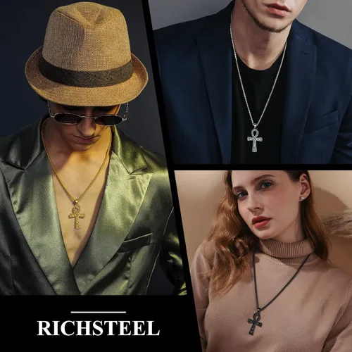 Miniatura 3 de Collar con colgante de cruz de Ankh chapado en acero inoxidable, oro y negro, para hombres y mujeres, con cadena de trigo, joyería religiosa
