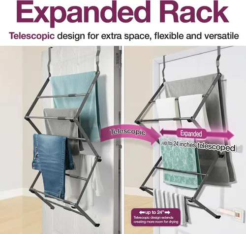 Miniatura 5 de BLACK+DECKER Estante de secado telescópico extensible sobre la puerta, organizador de ropa, colgador de toallas, lavandería, plegable, gris
