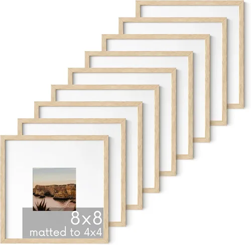 HAUS AND HUES Portarretratos de madera de roble beige de 8 x 8 pulgadas, juego de 9, marcos cuadrados con paspartú, marcos minimalistas para fotos