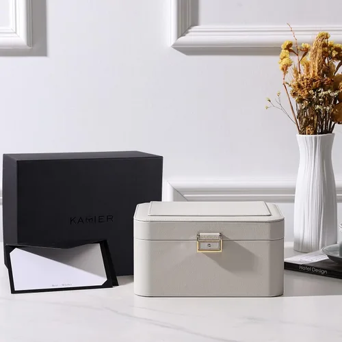 Miniatura 4 de KAMIER Joyero, caja organizadora de joyas de piel sintética de 2 capas, gran capacidad, doble cerradura y espejo grande, ganchos ocultos