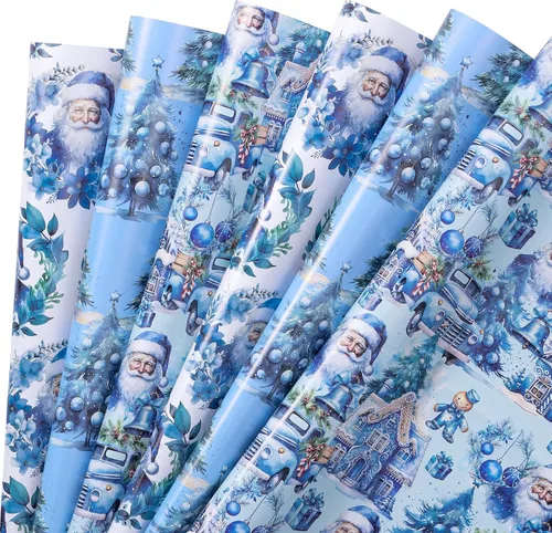 Miniatura 9 de RUSPEPA Hojas de papel de regalo de Hanukkah, estrella de David, menorá, feliz Hanukkah y diseño de rayas, papel de regalo azul y dorado