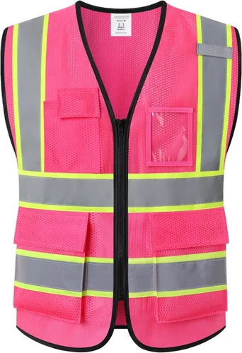 Miniatura 10 de Chaleco de seguridad de malla reflectante para hombres y mujeres con 5 bolsillos y cremallera frontal, chaleco de malla de alta visibilidad Hi Vis