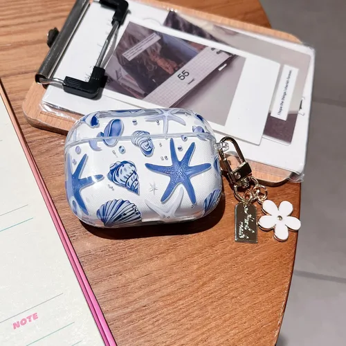 Miniatura 7 de MINSCOSE Compatible con AirPods Pro de 2ª/1ª generación, bonito diseño de patrón de conchas y estrellas de mar con llavero, funda protectora de TPU