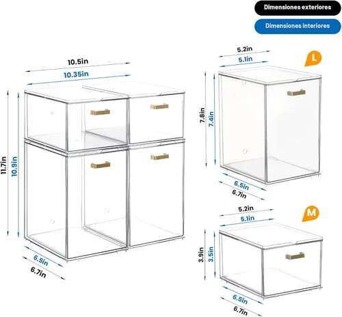 Miniatura 3 de LALOBLUE Organizador de cajones apilable transparente, paquete de 4 cajones de almacenamiento de acrílico con diseño extraíble, organizador que