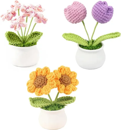 Miniatura 13 de Juego de 3 macetas de ganchillo con margarita rosa y Forget Me Not Small Potted Flowers Crochet Regalo para mamá, esposa, Día de la Madre