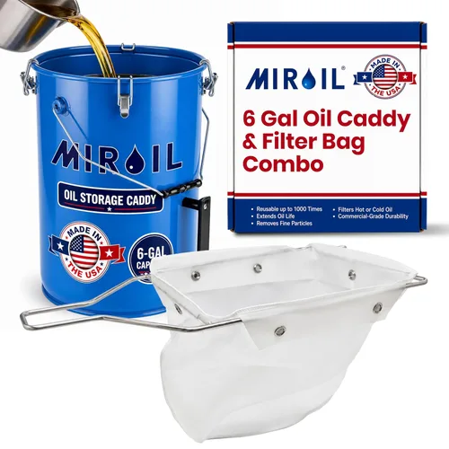 MirOil Combo de olla de filtro azul (6 galones), olla de aceite y bolsa de filtro, organizador desechable de aceite de acero resistente con tapa