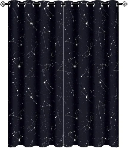 Miniatura 59 de Cortinas de Constelación, Arte Moderno Abstracto Patrón de Símbolos de Constelación Galaxia Negra Blanca, Tratamientos para Ventanas con Aislamiento