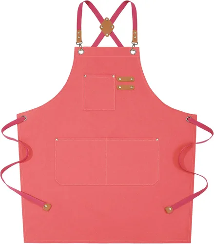 AFUN Delantales de chef para mujeres y hombres con bolsillos grandes, delantal de trabajo repelente al agua de lona de algodón, talla M a XXL (rosa)