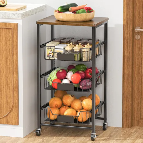 XYZLVSI Carrito de almacenamiento de cocina con ruedas, carrito de metal de 4 niveles, cesta de almacenamiento de frutas y verduras, estante de