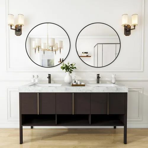 Miniatura 8 de VooBang Espejo de baño redondo negro, espejo colgante de pared circular de 24 pulgadas con marco de metal circular simple y moderno para pasillo