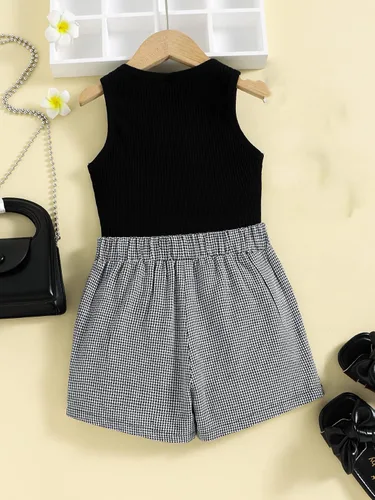 Miniatura 2 de SHENHE Conjunto de ropa de verano de 2 piezas para niña, camiseta corta sin mangas y pantalones cortos
