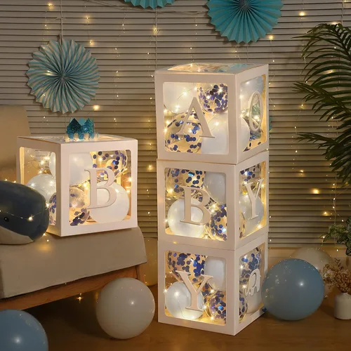 Decoraciones de caja de globos para baby shower, 4 bloques de bebé transparentes con letras "Baby Girl", paquete de 4 luces LED de hadas y 40 globos