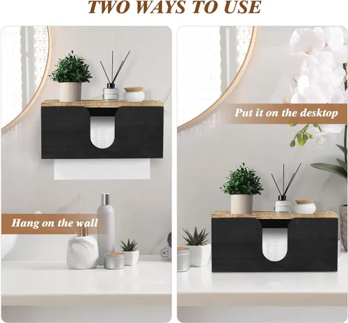 Miniatura 6 de Paquete de 2 dispensadores de toallas de papel de madera maciza montados en la pared, soporte de toalla de papel plegado con tapa, plegable en C