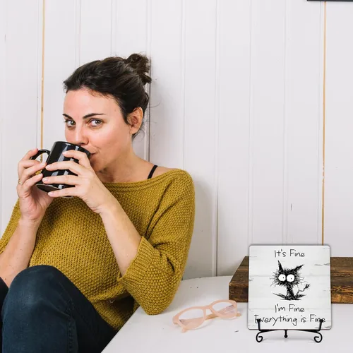 Miniatura 6 de Decoración de oficina en casa, regalos para mujeres y hombres, placa de madera humorística con soporte, decoración de escritorio de gato negro