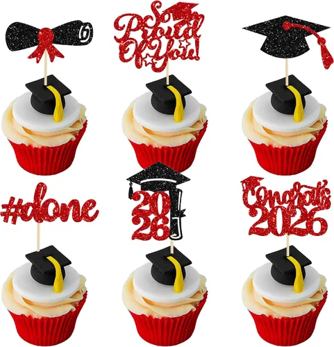 Miniatura 46 de Gyufise 24 piezas Adornos para pastel de graduación 2026 con purpurina negra, clase de 2026, adornos para magdalenas con gorra de graduación