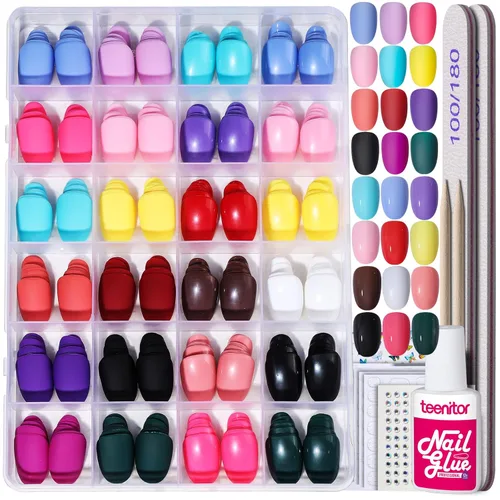 Miniatura 15 de Teenitor 24 paquetes de uñas postizas cortas a presión, 576 piezas de uñas postizas redondas a presión, uñas postizas cortas mate y brillantes