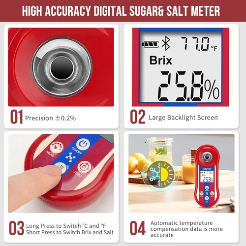Miniatura 6 de Refractómetro digital Brix y salinidad, prueba inteligente de azúcar 0.0-60%, refractómetro de sal para agua salada 0.0-24% con ATC, probador Brix