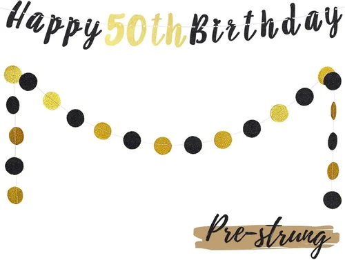 Miniatura 46 de Juego de decoración de cumpleaños número 100 – Cartel de feliz cumpleaños número 100 con puntos circulares de purpurina negra y dorada que saluda a