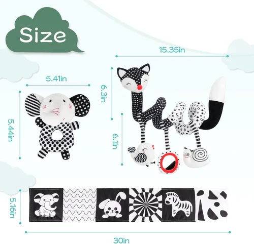 Miniatura 4 de Juguetes para bebés en blanco y negro de alto contraste, juego de 3 piezas esenciales para recién nacidos con juguetes colgantes, sonajero móvil