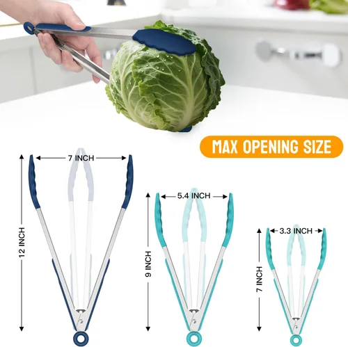 Miniatura 8 de HOTEC Pinzas de cocina premium de acero inoxidable con cierre y puntas de silicona, juego de 3-7", 9" y 12" (azul degradado)