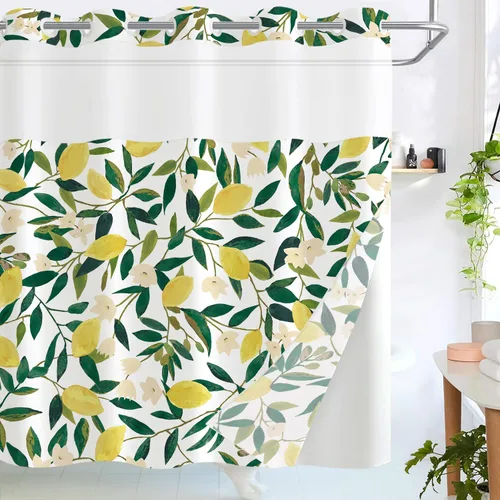 Lifeel Cortina de ducha sin ganchos con forro a presión, juego de cortinas con frutas de limón por todas partes, con forro interior impermeable para