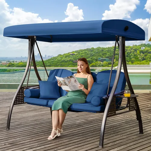 Miniatura 23 de Columpio de porche para exteriores 3 en 1 con toldo ajustable, columpio de 3 asientos para adultos, columpio de patio con cojines gruesos, almohadas